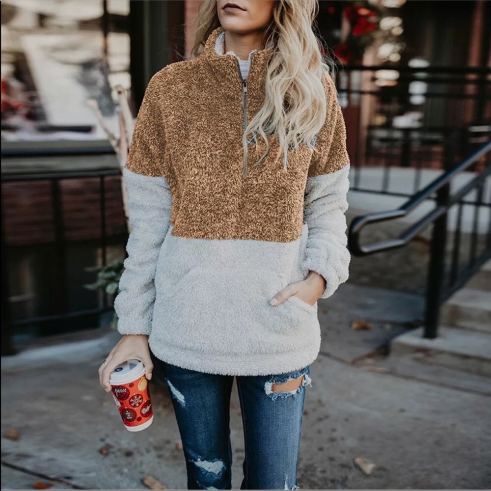 Tan & Cream Two Tone Sherpa 1/4 Zip Pullover - Picture 2 of 8
